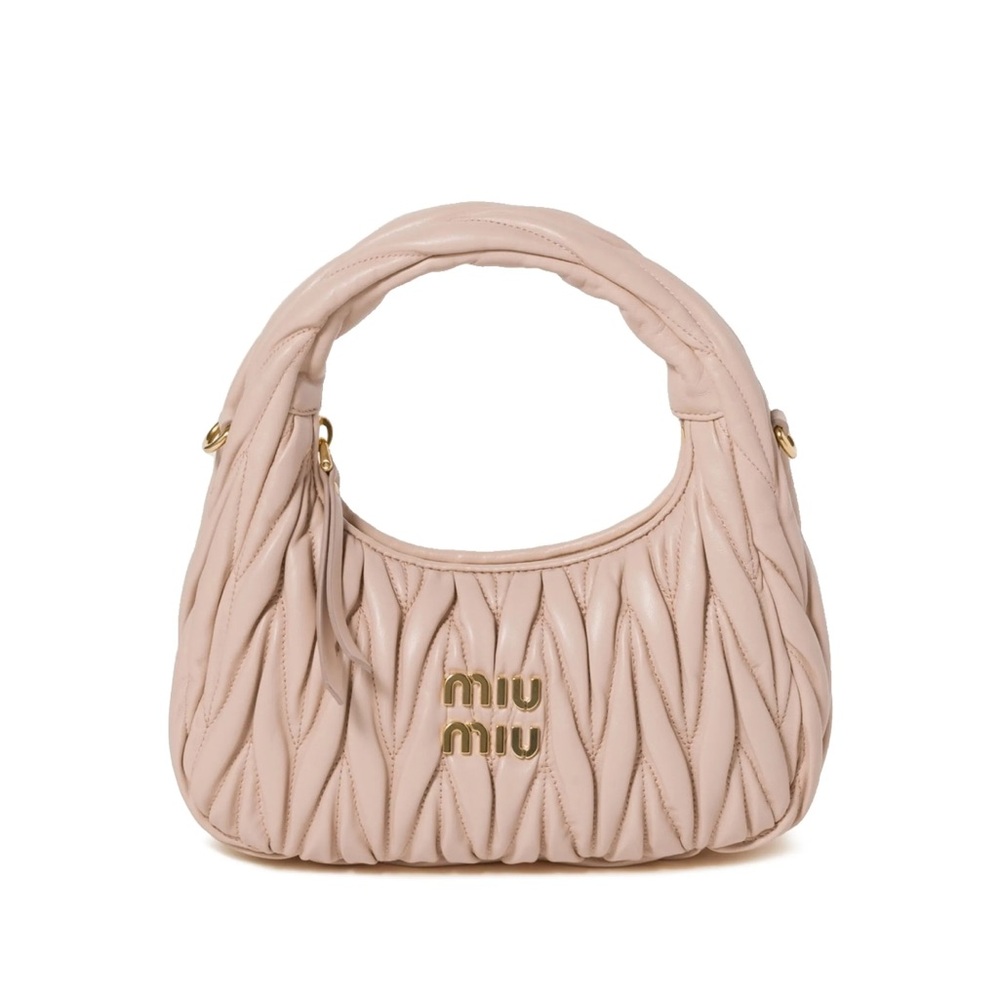 New Miu Miu Wander Matelassé Nappa Leather Hobo Bag Nude Pink Cipria - Picture 4 of 10